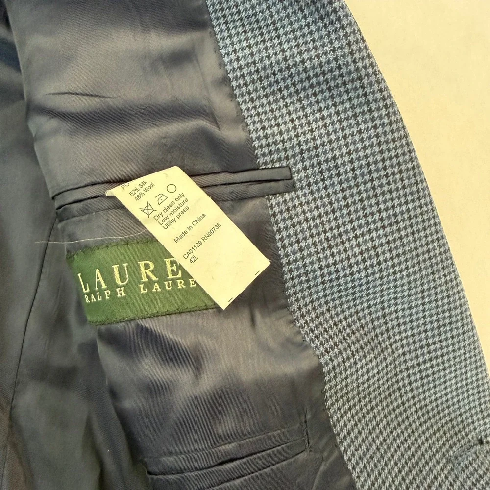 Ralph Lauren Mens Blue Houndstooth Sport Blazer Jacket‎ Wool Silk Plaid 42L